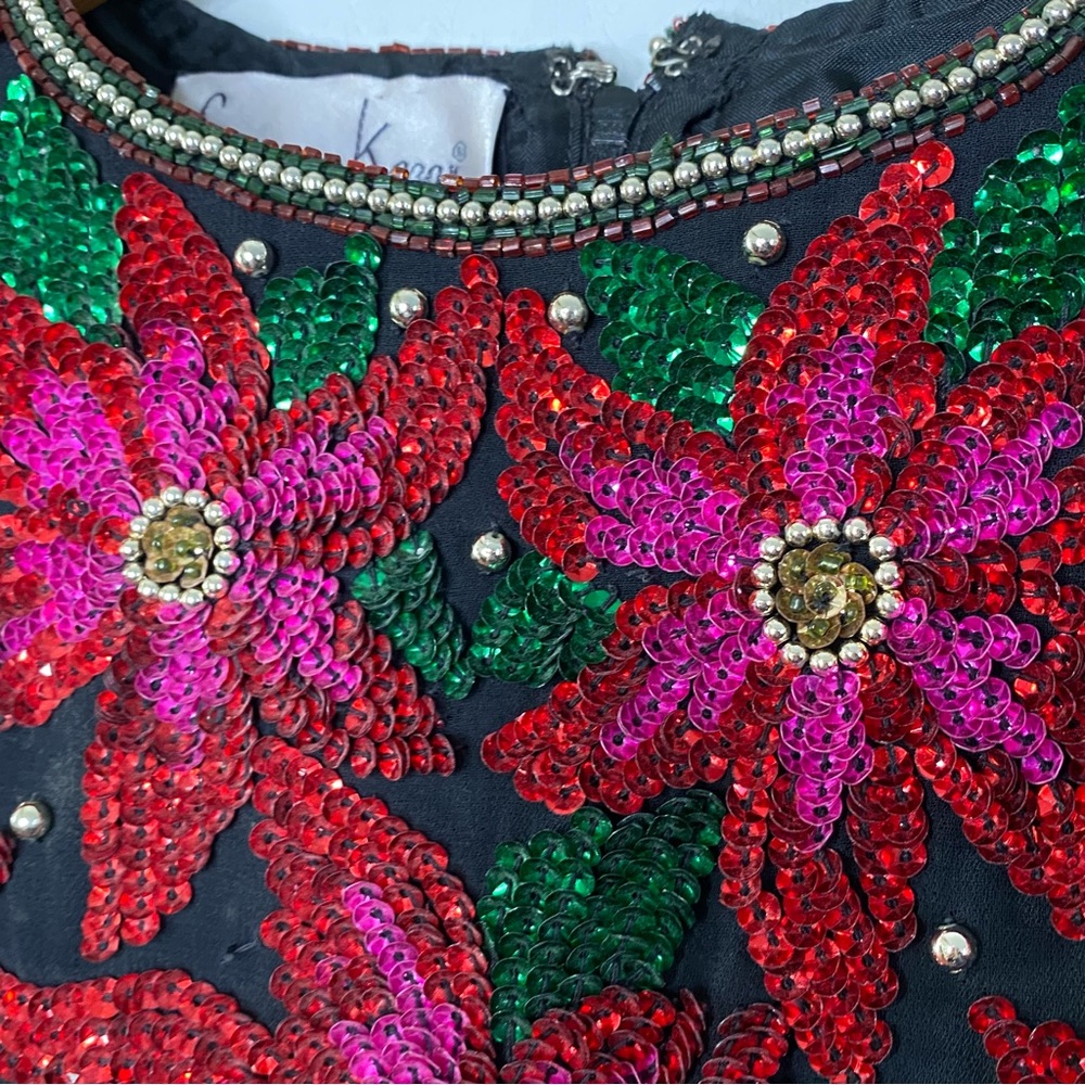 Vintage Christmas Holiday Poinsettia Beaded Sequin Embellished Top Size Large - Picture 7 of 9